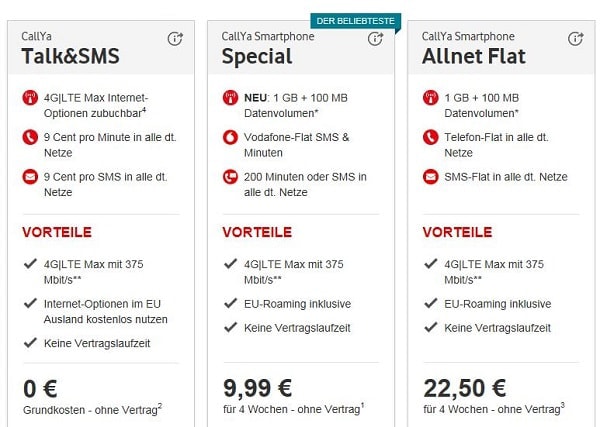 CallYa Prepaid Tarife Vergleich
