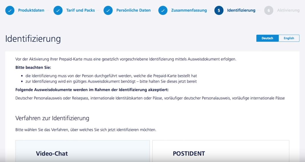Identifizierungsmethode bei o2 Prepaid wählen