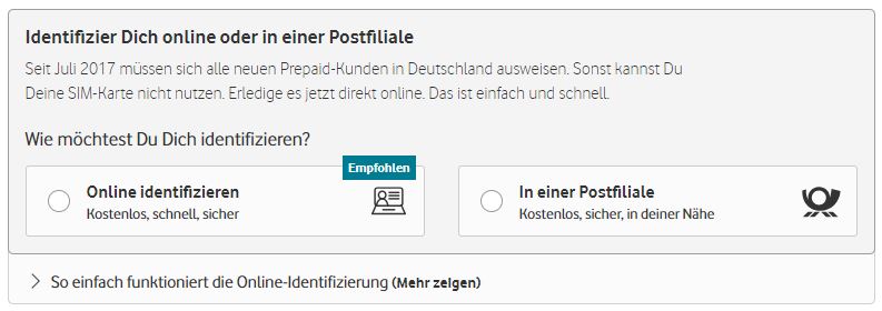 Vodafone CallYa Identifizierungsmethoden