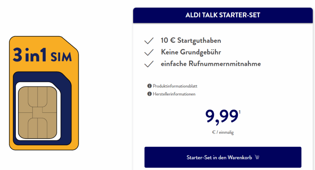 ALDI TALK Starter-Set mit 10 € Startguthaben (rechnerisch kostenlos)