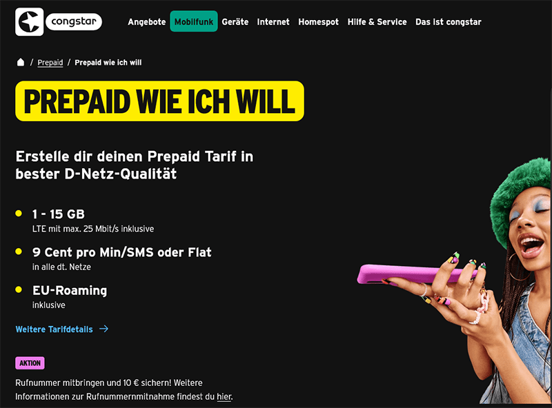 congstar (Prepaid wie ich will) SIM-Karte mit 10 € Startguthaben