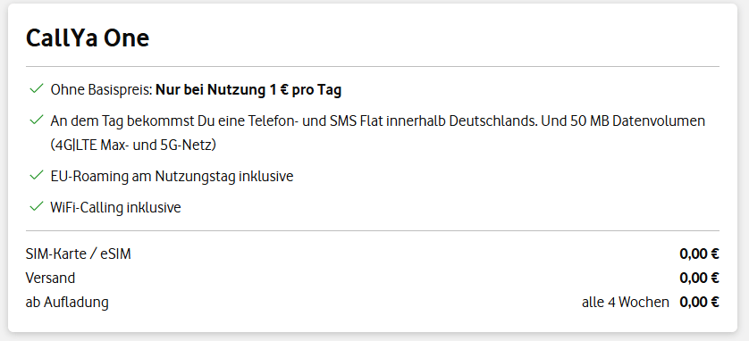Kostenlose Vodafone SIM-Karte mit CallYa one Tarif
