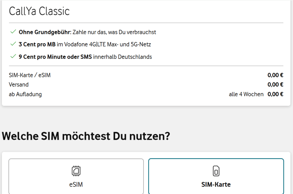 CallYa Classic (Freikarte) Bestellformular