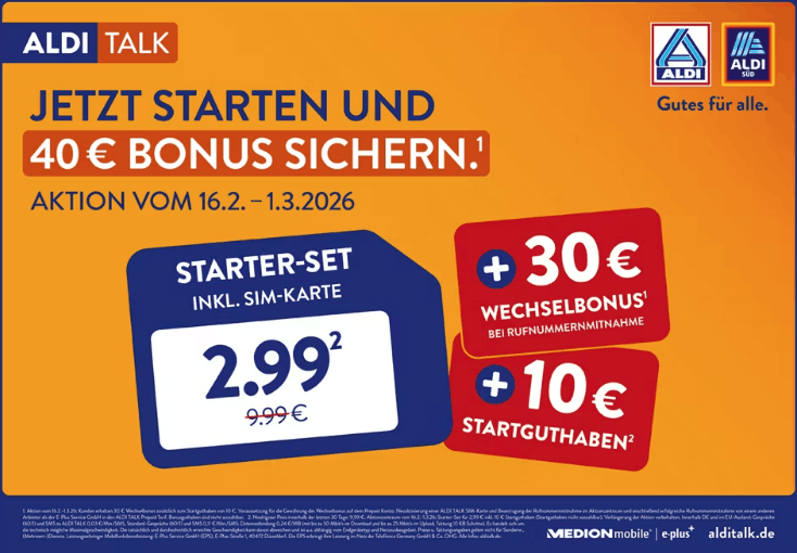 ALDI TALK Mega-Aktion: 40 € Bonus sichern & Starter-Set für nur 2,99 €