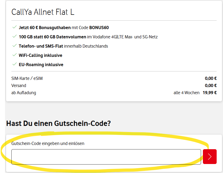 CallYa Allnet Flat L mit 60 € Bonusguthaben bestellen