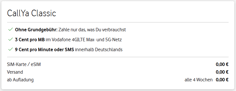 Vodafone CallYa Classic ohne Grundgebühr