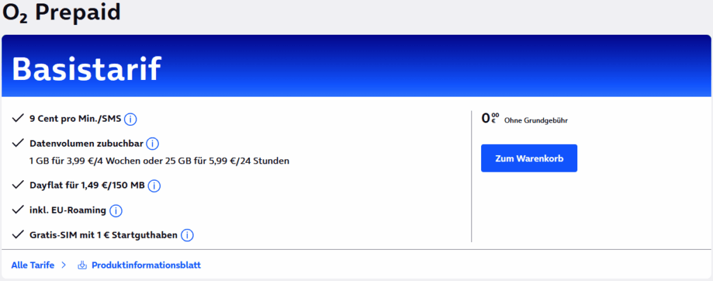 o2 Prepaid Basistarif ohne Grundgebühr