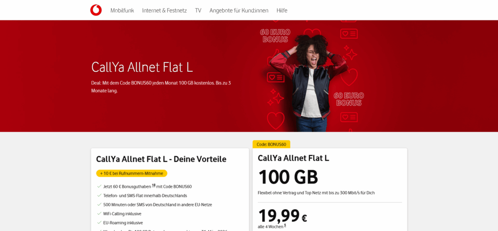 Vodafone CallYa: 60 € Bonusguthaben bis 09.04.2026 sichern