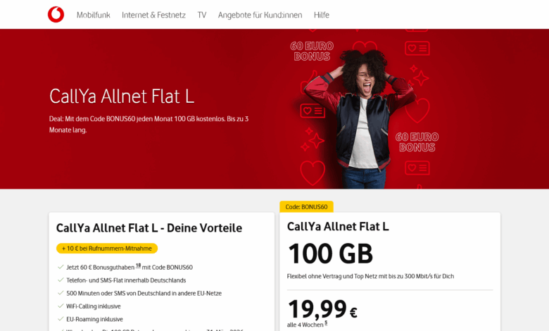 Vodafone CallYa: 60 € Bonusguthaben bis 09.04.2026 sichern