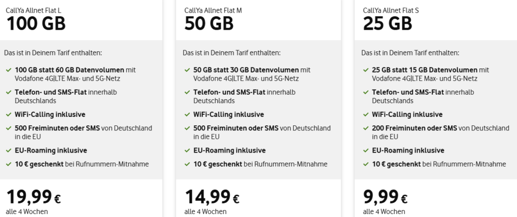 Vodafone CallYa Allnet Flats mit bis zu 100 GB Datenvolumen