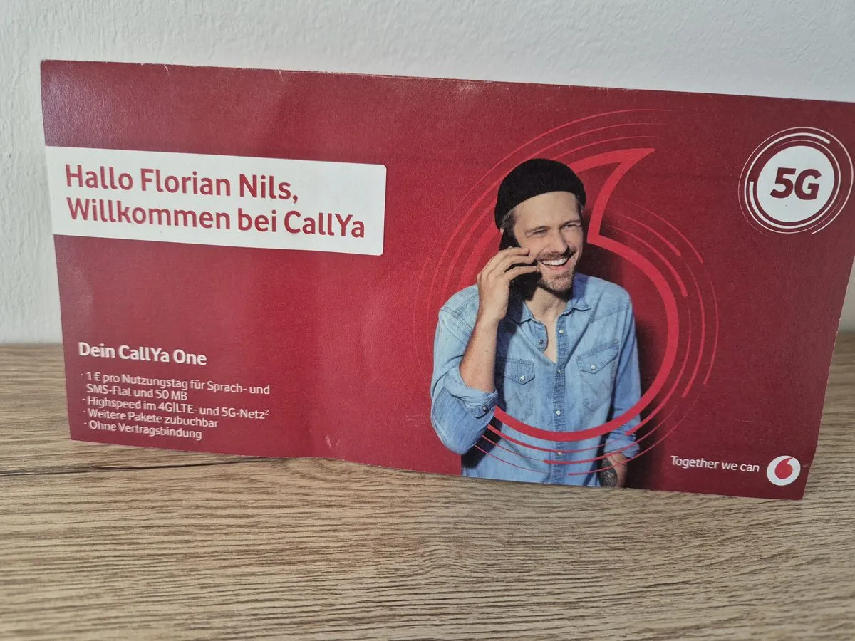 Begrüßungsschreiben von Vodafone CallYa mit der Überschrift „Hallo Florian Nils, Willkommen bei CallYa“ und den Eckdaten des Tarifs CallYa One